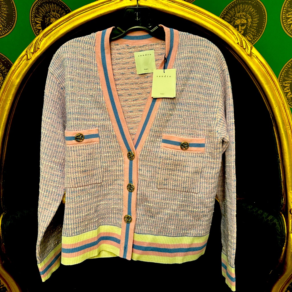 Sandro Pastel Multi-Color Ribbed Cardigan - Pink Blue Yellow Cream